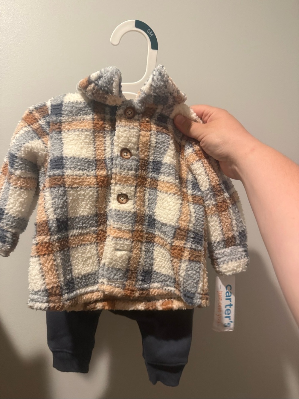 Carter's Plush Sherpa Plaid Jacket in Cream, Gray, and Tan